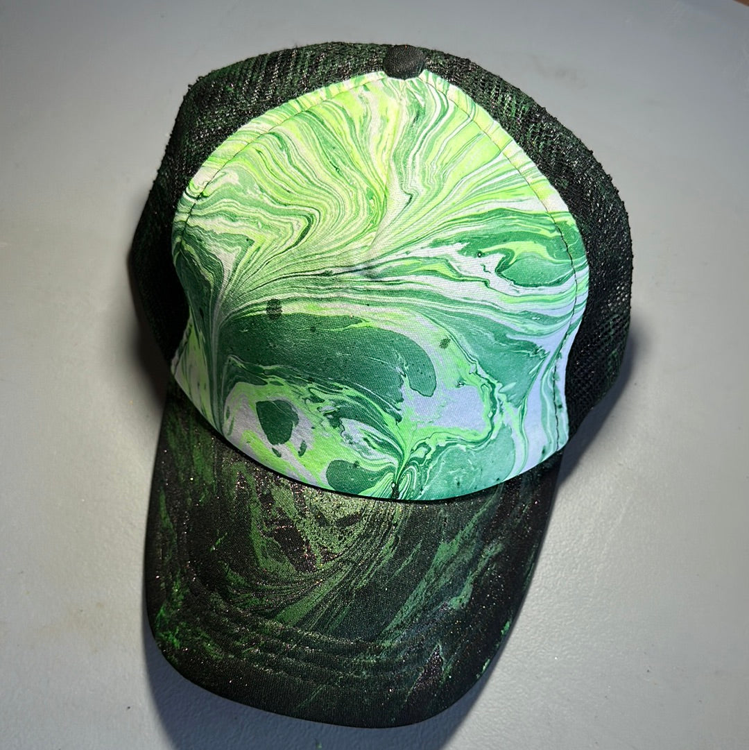 Water Marbled Truckers Hat! Greens & Iridescent Glitter!