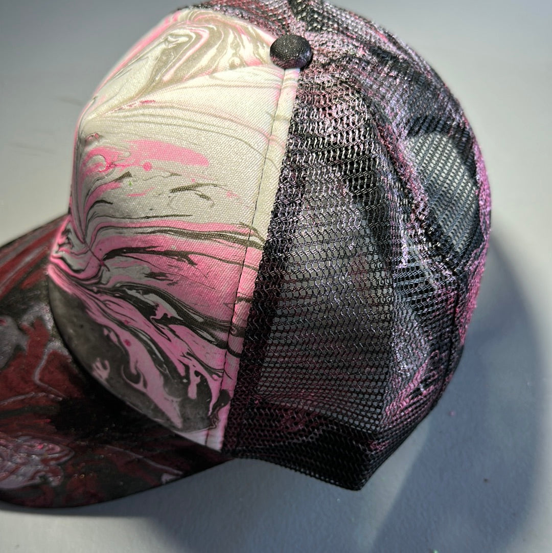 Water Marbled Truckers Hat! Hot Pink, White & Black