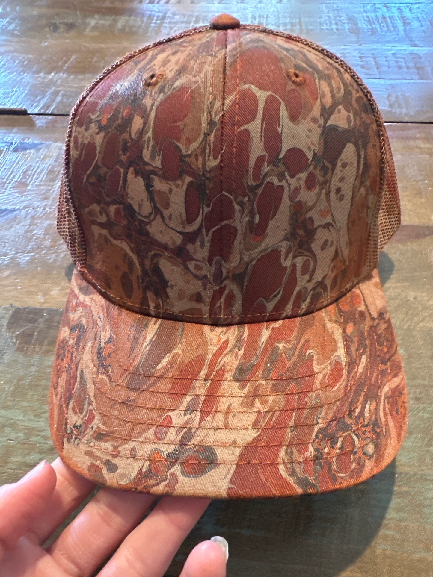 Water Marbled Truckers Hat! Shades of Brown & Rust!