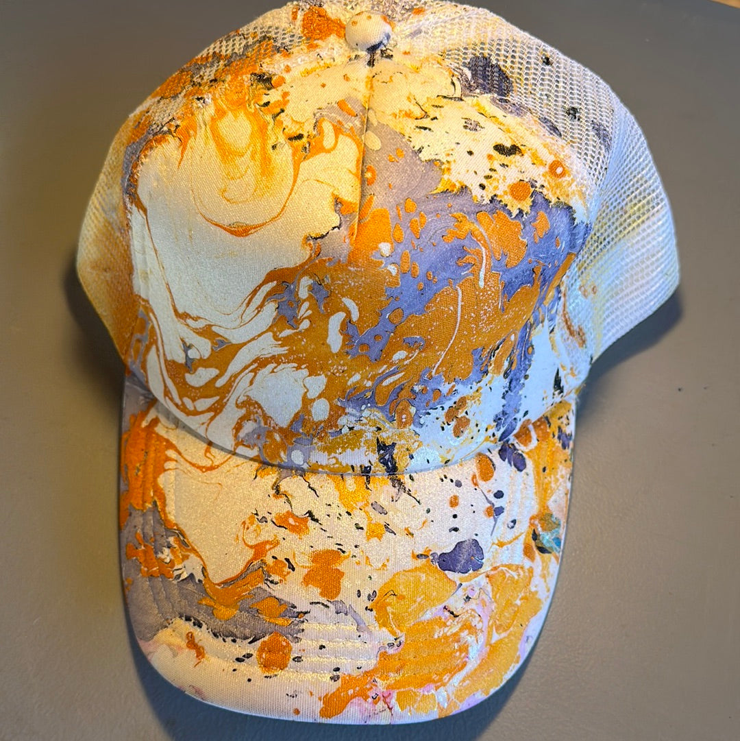 Water Marbled Truckers Hat! White, Orange, & Purple!