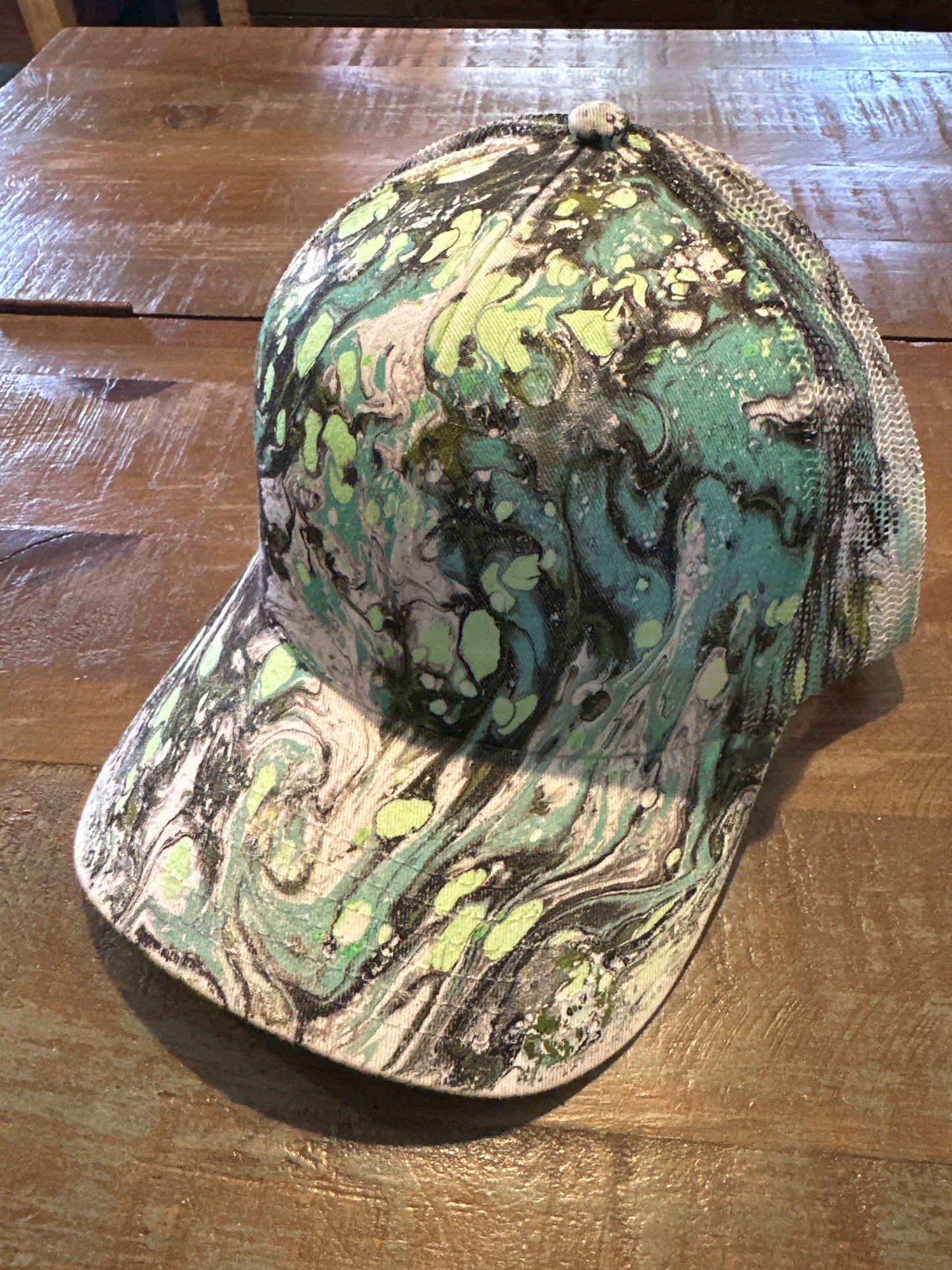 Water Marbled Truckers Hat! Light Green, Aqua, Black & Olive