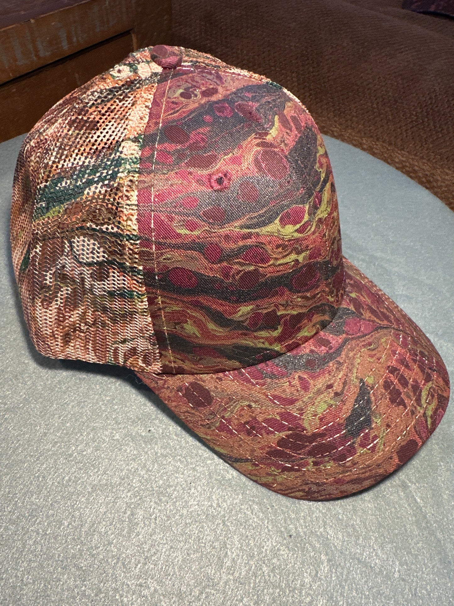 Water Marbled Truckers Hat! Camo! Dark Greens & Browns!