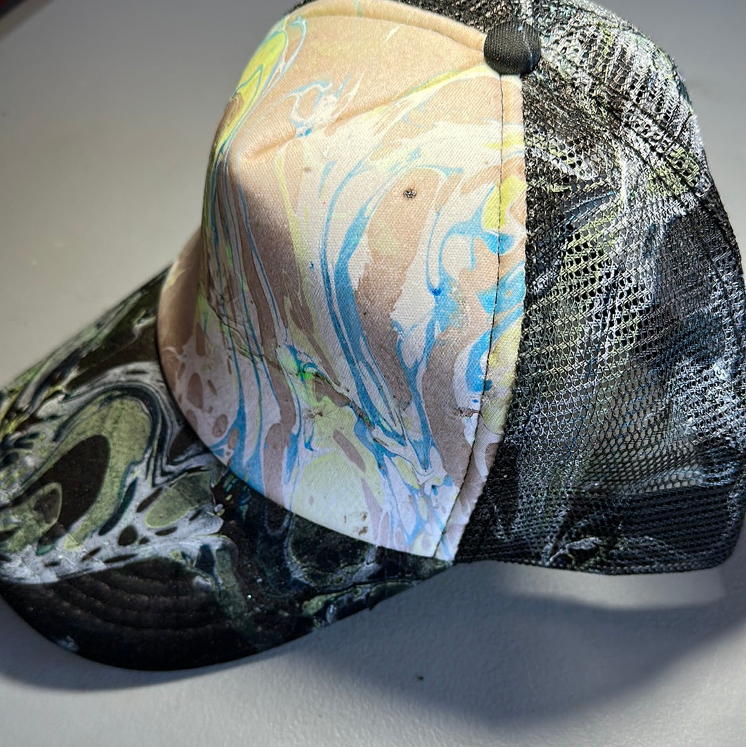 Water Marbled Truckers Hat! Brown, Blue & Lime!