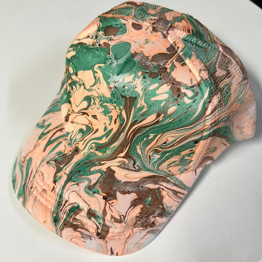 Water Marbled Truckers Hat! Green, Orange & Brown