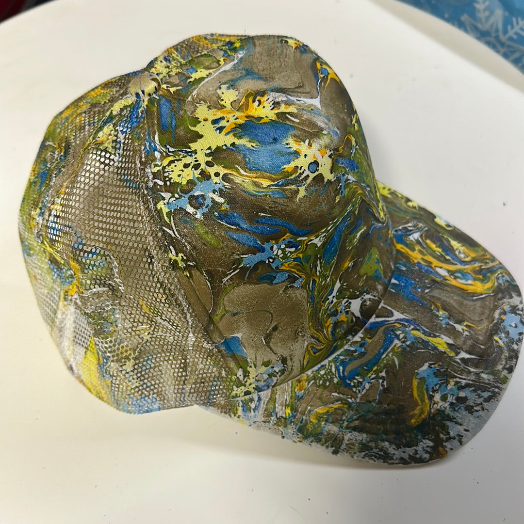 Water Marbled Truckers Hat! Brown, Yellow, Green & Blue