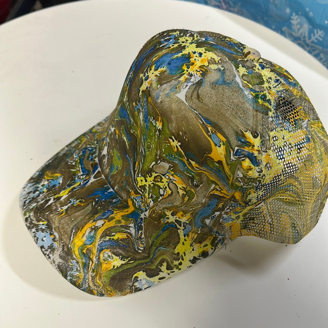 Water Marbled Truckers Hat! Brown, Yellow, Green & Blue