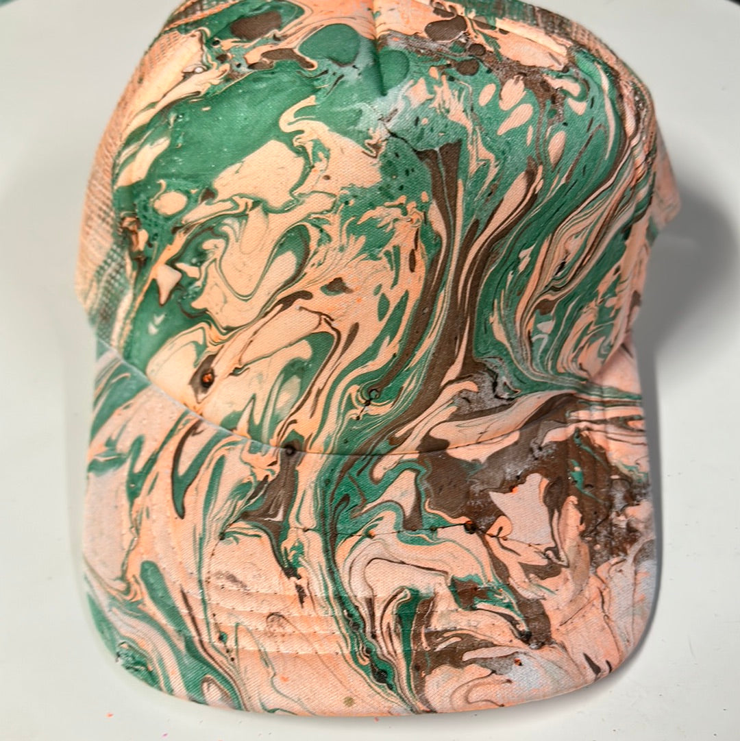 Water Marbled Truckers Hat! Green, Orange & Brown