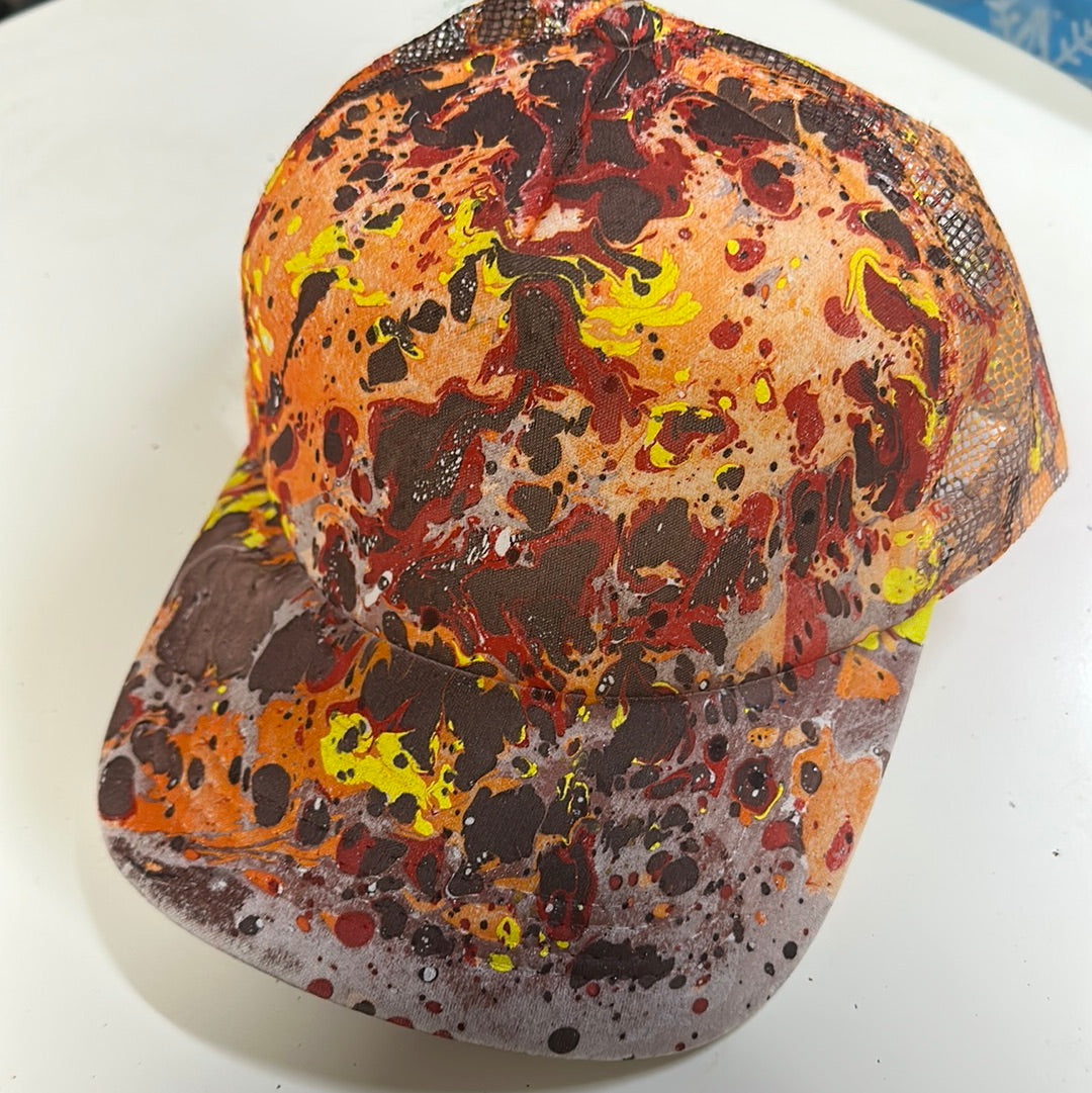 Water Marbled Truckers Hat! Brown, Yellow, Orange & Red