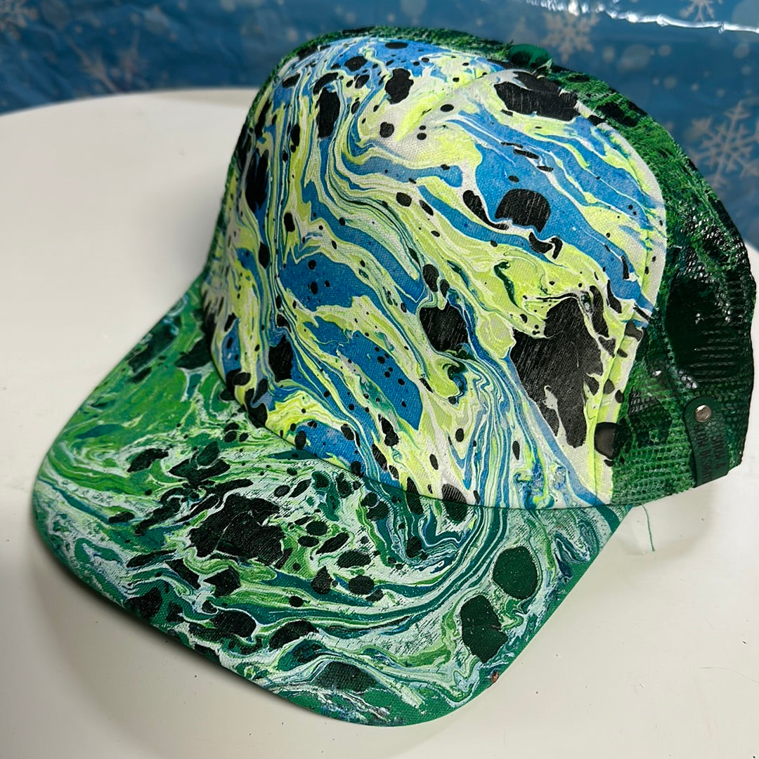 Water Marbled Truckers Hat! Greens, Blue & Black