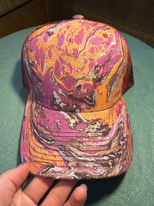 Water Marbled Baseball Hat! Magenta, Neon Orange, Gold & Maroon!