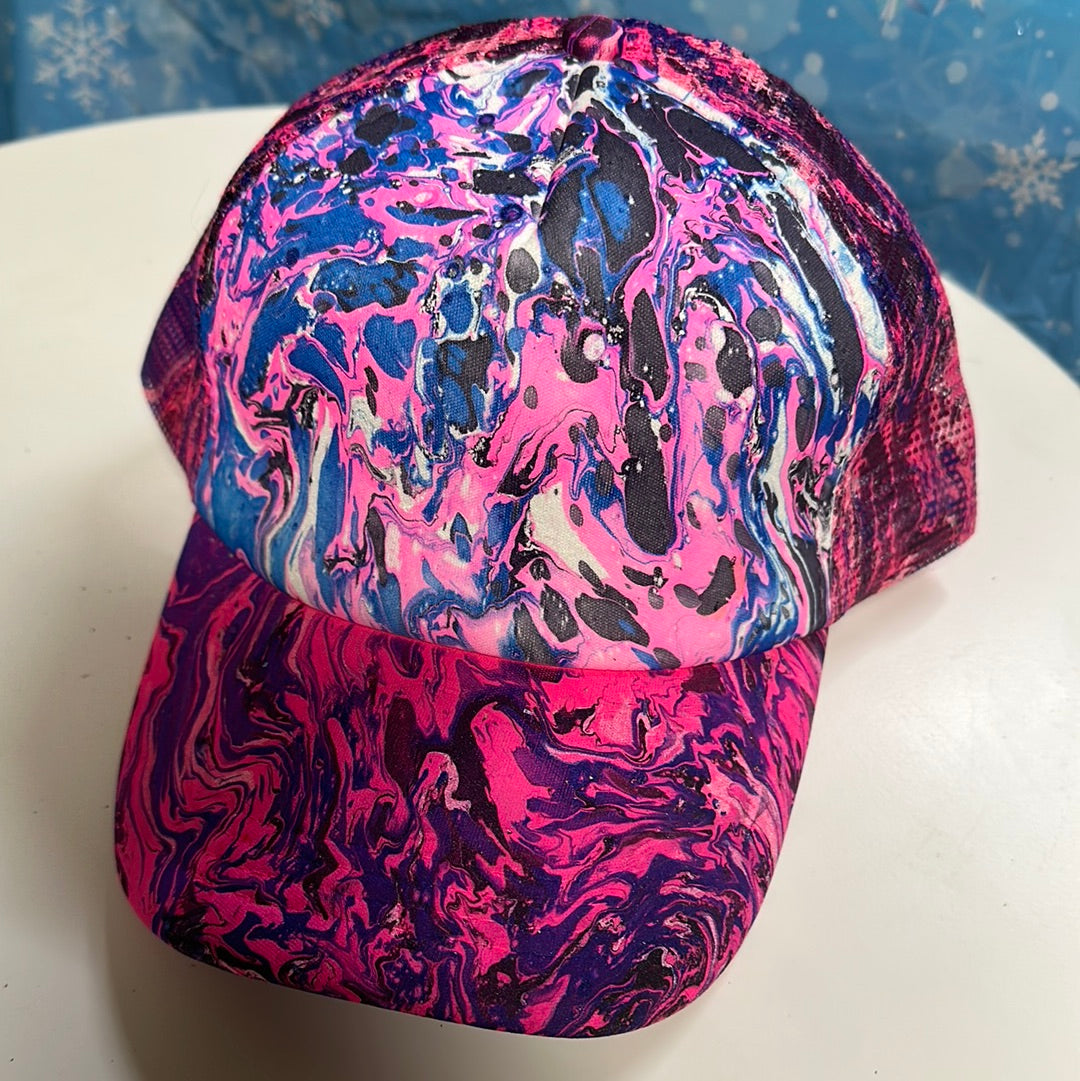 Water Marbled Truckers Hat! Pink, Blue & Black