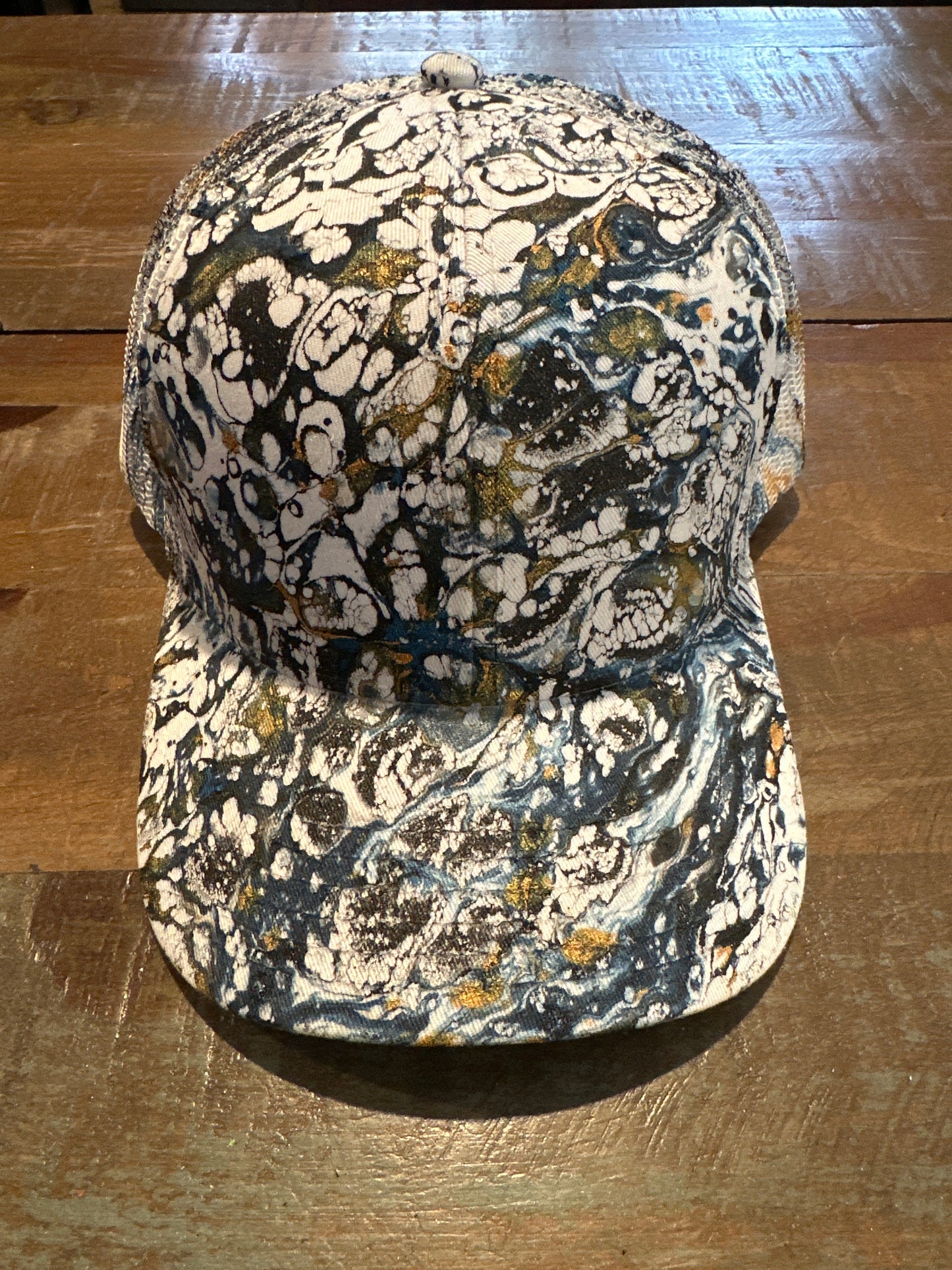 Water Marbled Truckers Hat! Navy, Gold & Black!