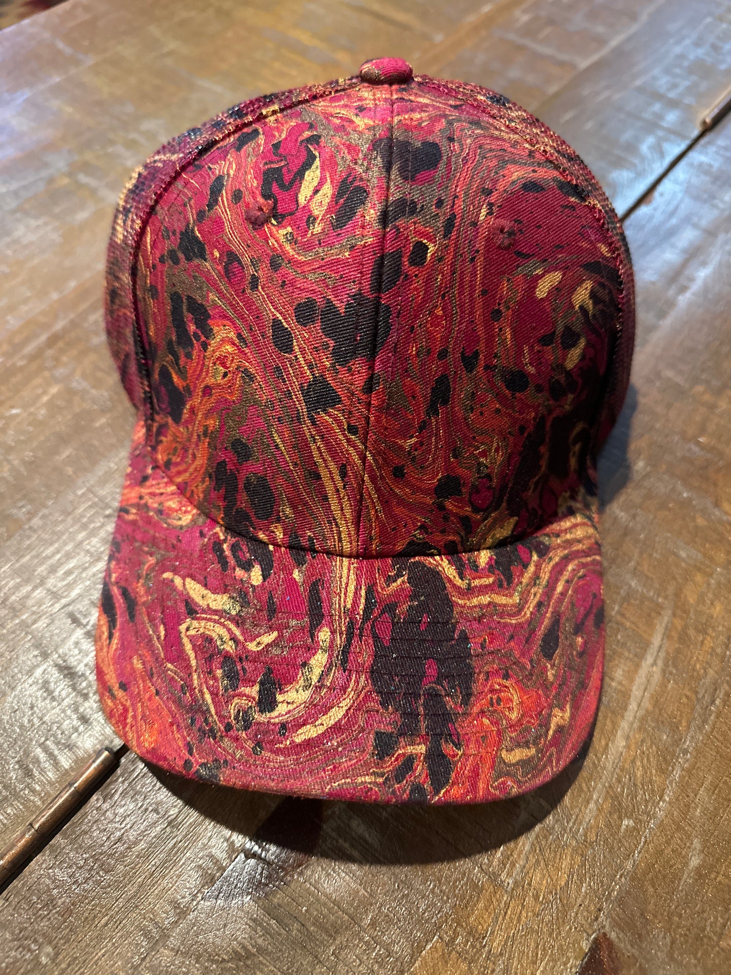 Water Marbled Baseball Hat! Red, Gold, Black & Brown!