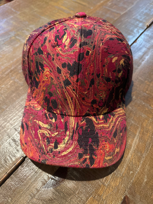 Water Marbled Baseball Hat! Red, Gold, Black & Brown!