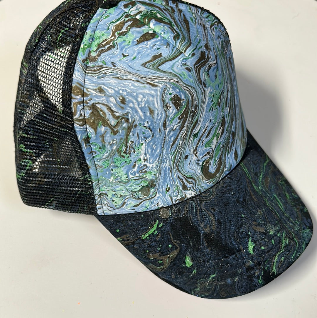 Water Marbled Truckers Hat! Blue, Brown & Green