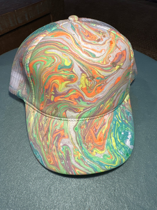 Kids Water Marbled Truckers Hat! Neon Orange, Green, Aqua & Yellow!