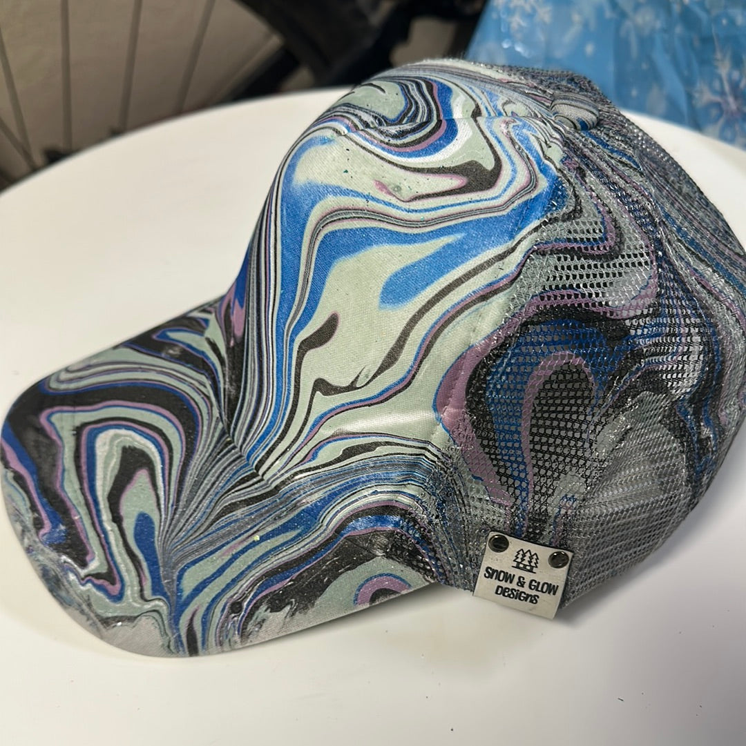 Water Marbled Truckers Hat! Cool Tones!