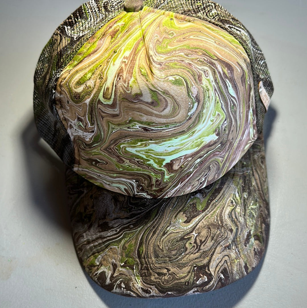 Water Marbled Truckers Hat! Browns, Greens & Black!