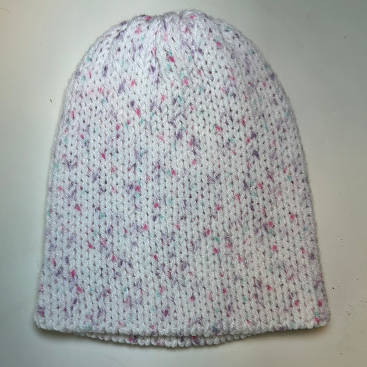 TODDLER - Handmade Beanie! White with Purple & Pink Speckles!