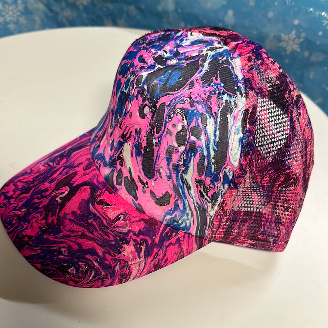 Water Marbled Truckers Hat! Pink, Blue & Black
