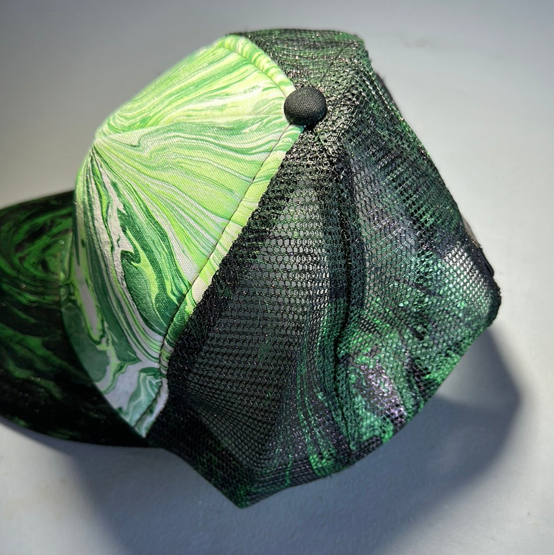 Water Marbled Truckers Hat! Greens & Iridescent Glitter!