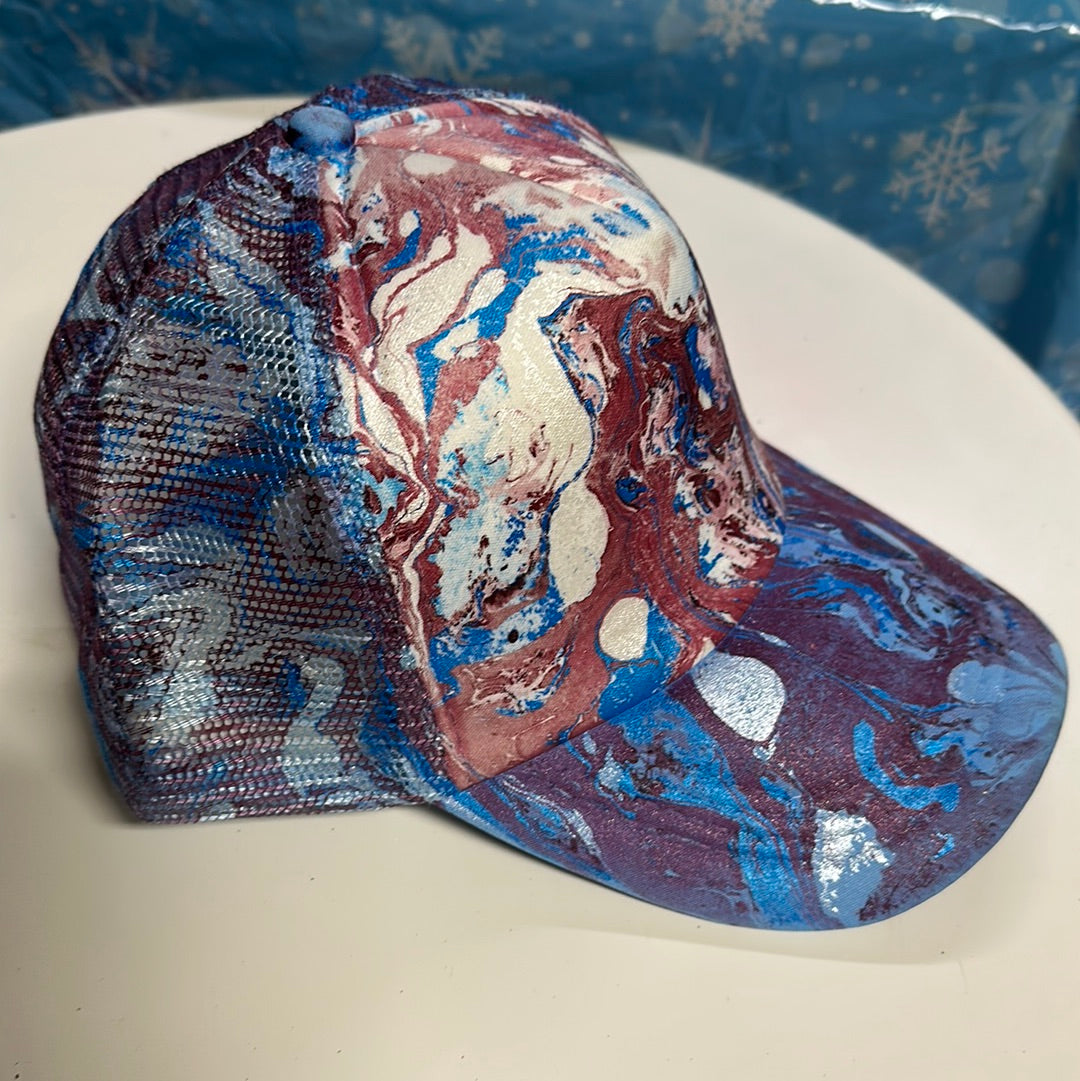 Water Marbled Truckers Hat! Blue & Maroon