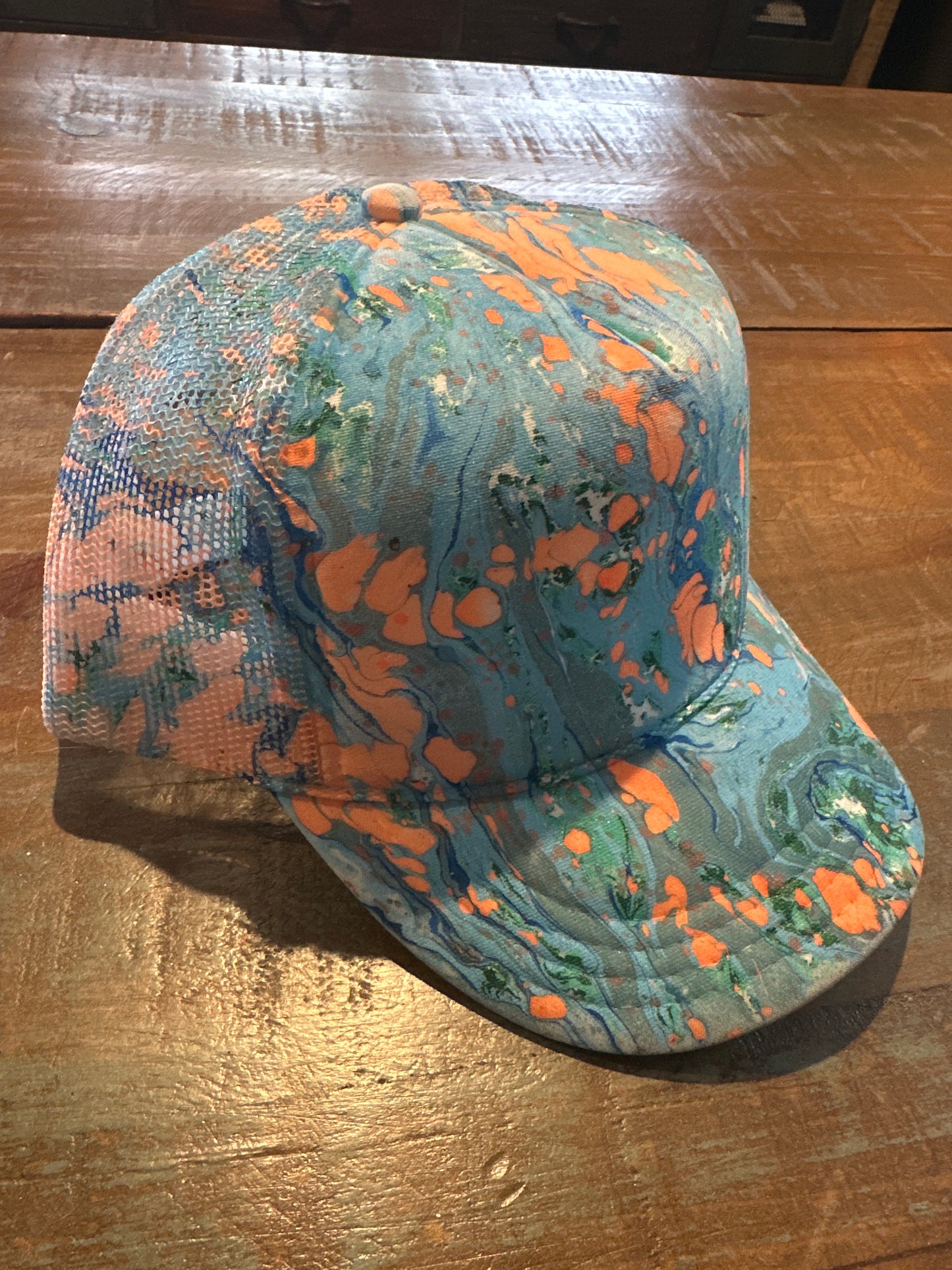 Kids Water Marbled Truckers Hat! Blues, Teal & Neon Orange!