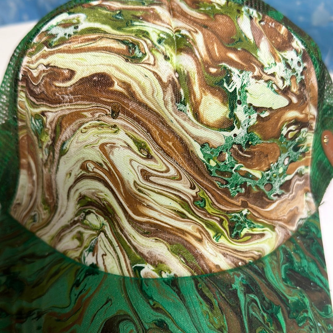 Water Marbled Truckers Hat! Greens & Browns