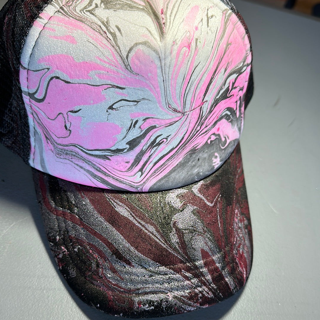 Water Marbled Truckers Hat! Hot Pink, White & Black