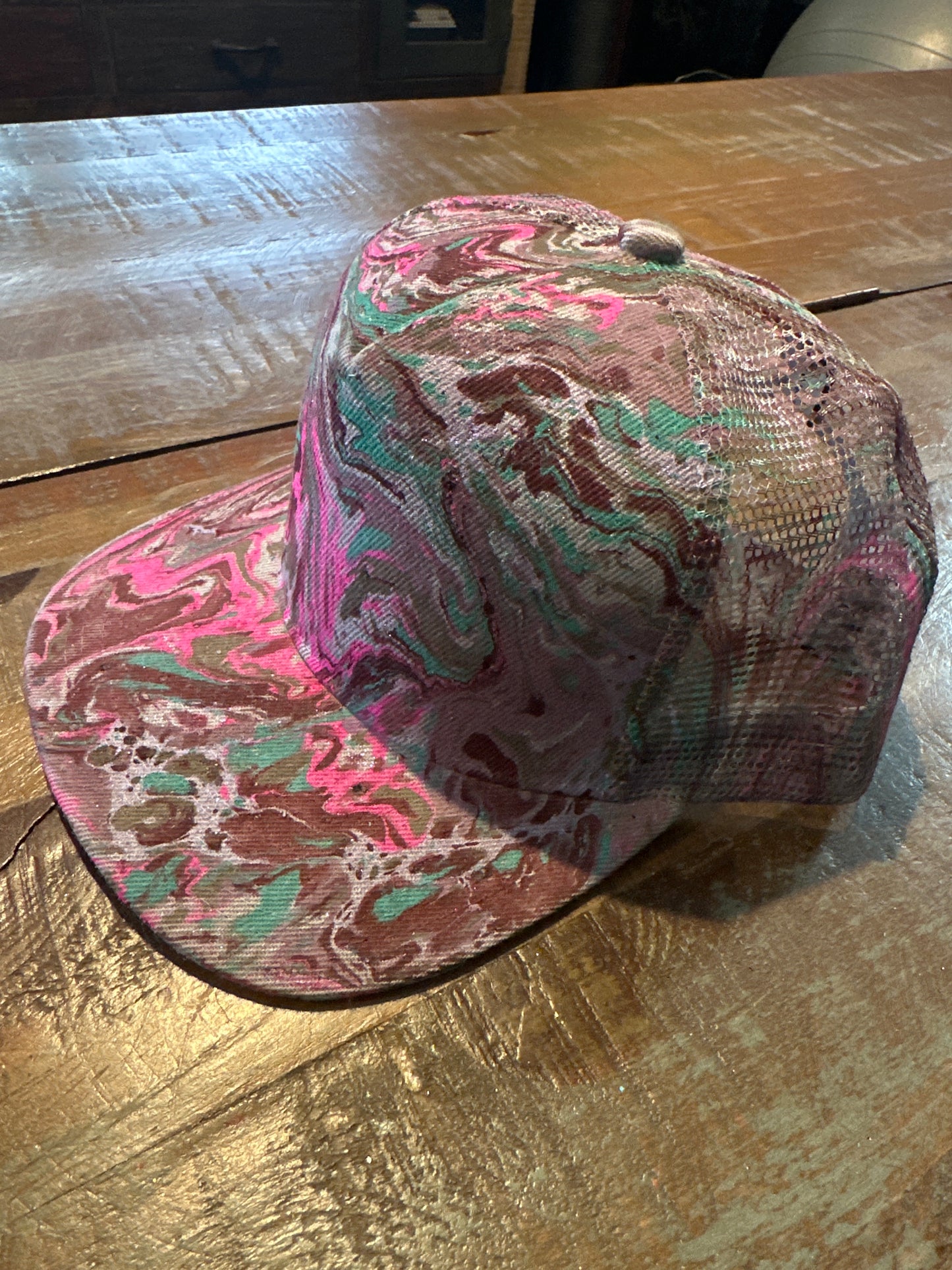 Water Marbled Flat Brim Hat! Pinks, Aqua & Gray!