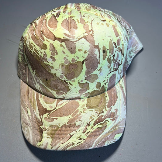 Water Marbled Truckers Hat! Tan, Olive & Lime