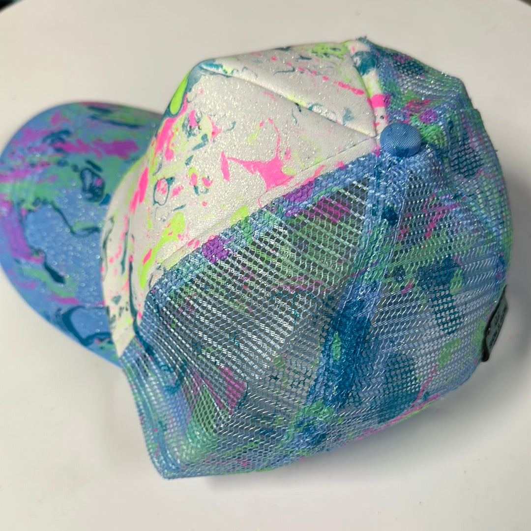 Water Marbled Truckers Hat! Blue, Neon Green, Pink & Iridescent White