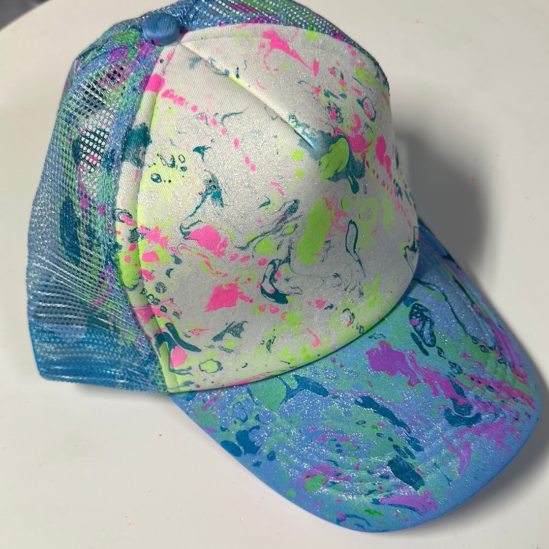 Water Marbled Truckers Hat! Blue, Neon Green, Pink & Iridescent White