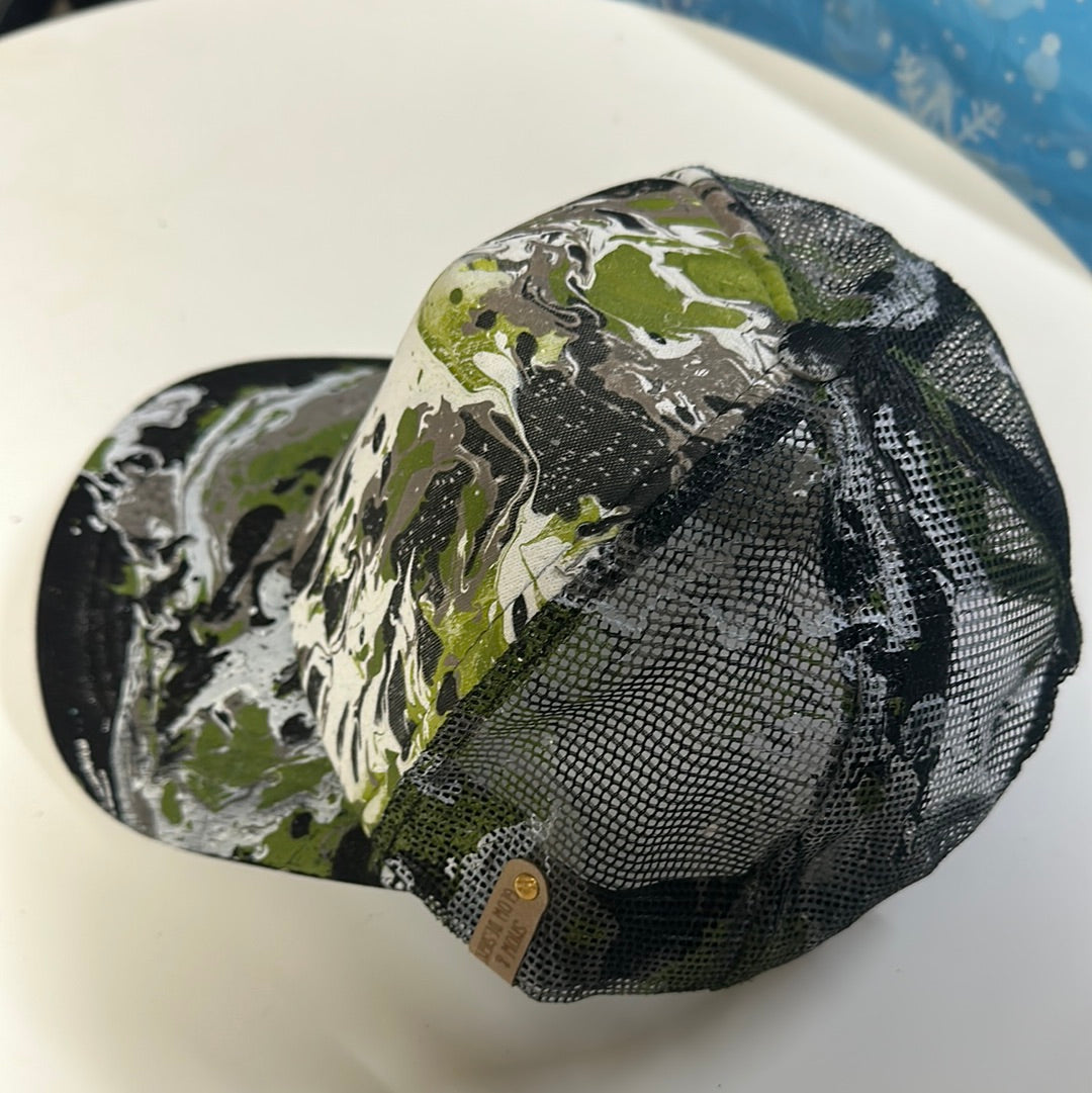Water Marbled Truckers Hat! Olive, White & Black