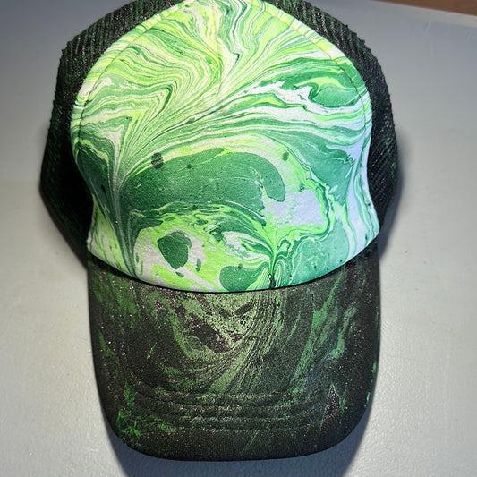 Water Marbled Truckers Hat! Greens & Iridescent Glitter!