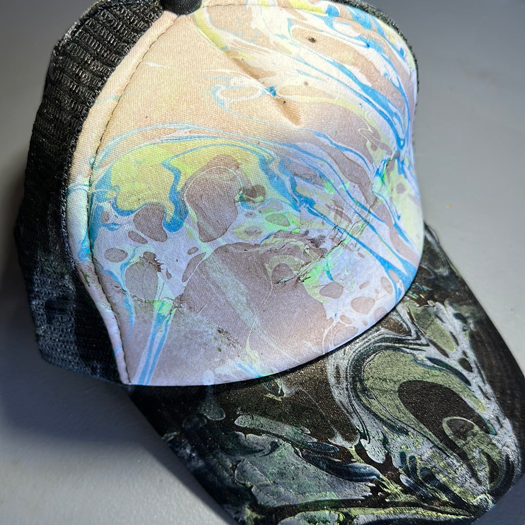 Water Marbled Truckers Hat! Brown, Blue & Lime!