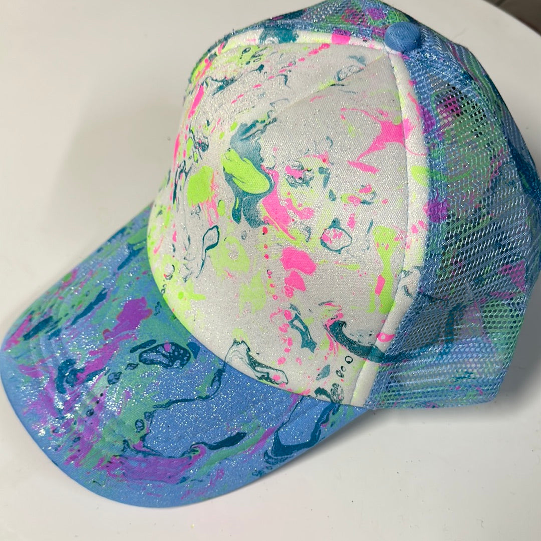 Water Marbled Truckers Hat! Blue, Neon Green, Pink & Iridescent White