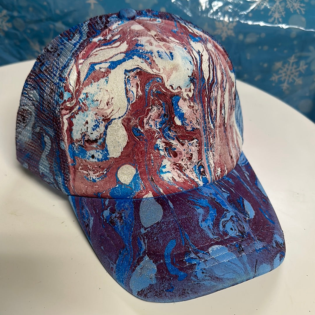 Water Marbled Truckers Hat! Blue & Maroon