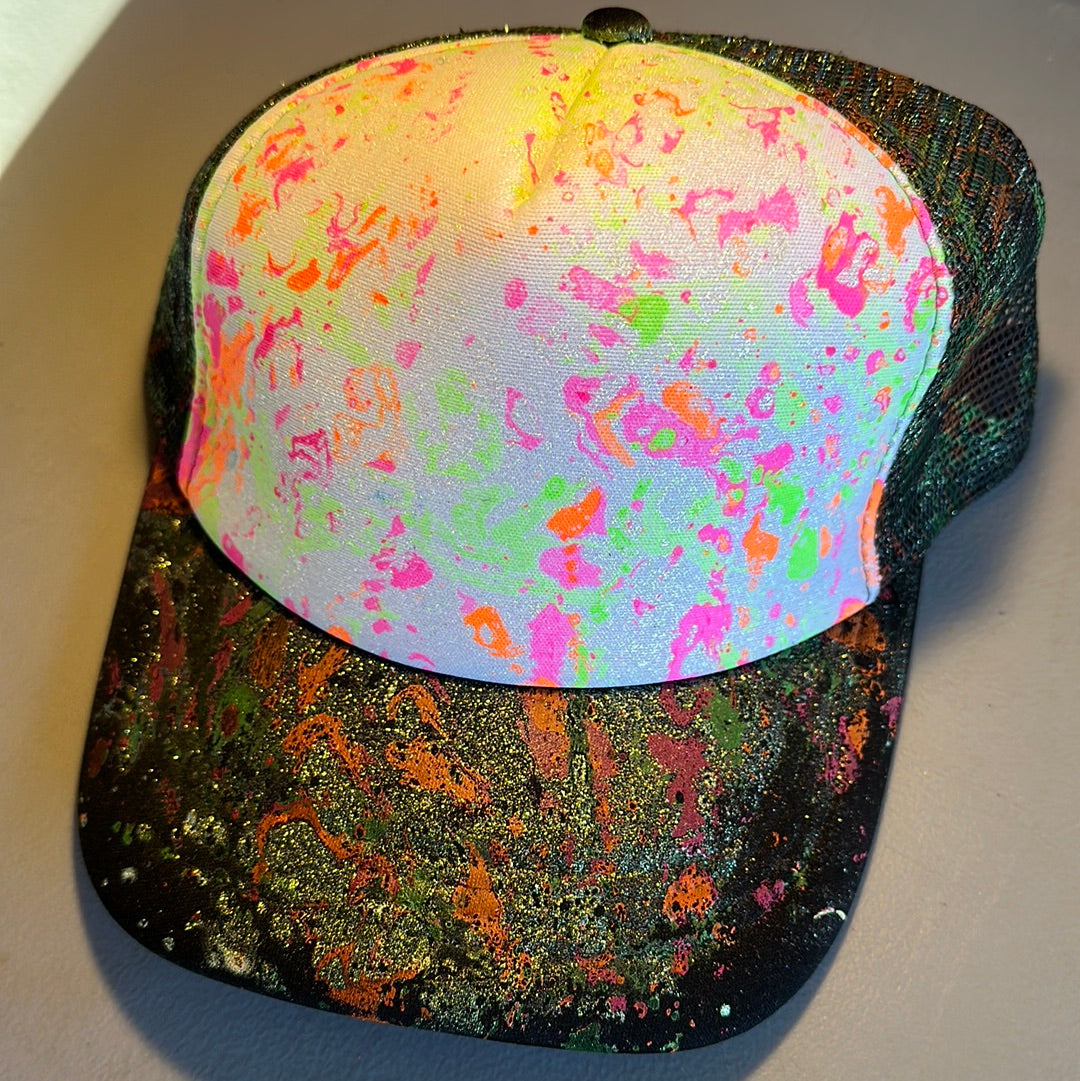 Water Marbled Truckers Hat! Neon Pink, Orange, Green & Iridescent Glitter!