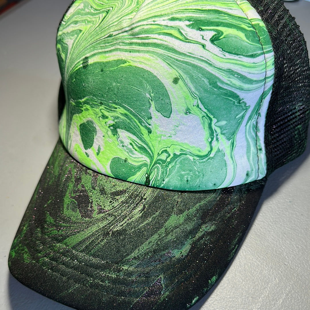 Water Marbled Truckers Hat! Greens & Iridescent Glitter!