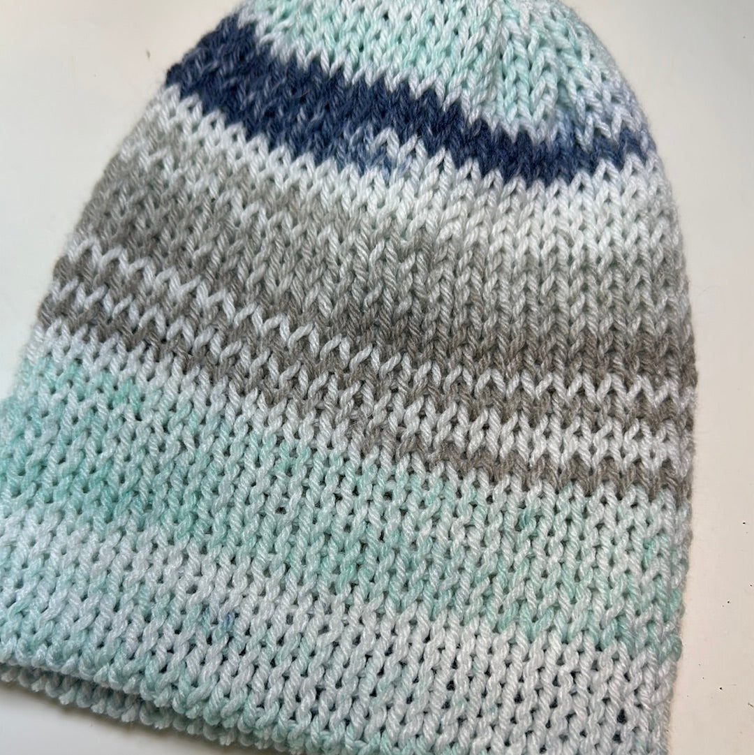 TODDLER - Handmade Beanie! Blues & Gray Stripes!