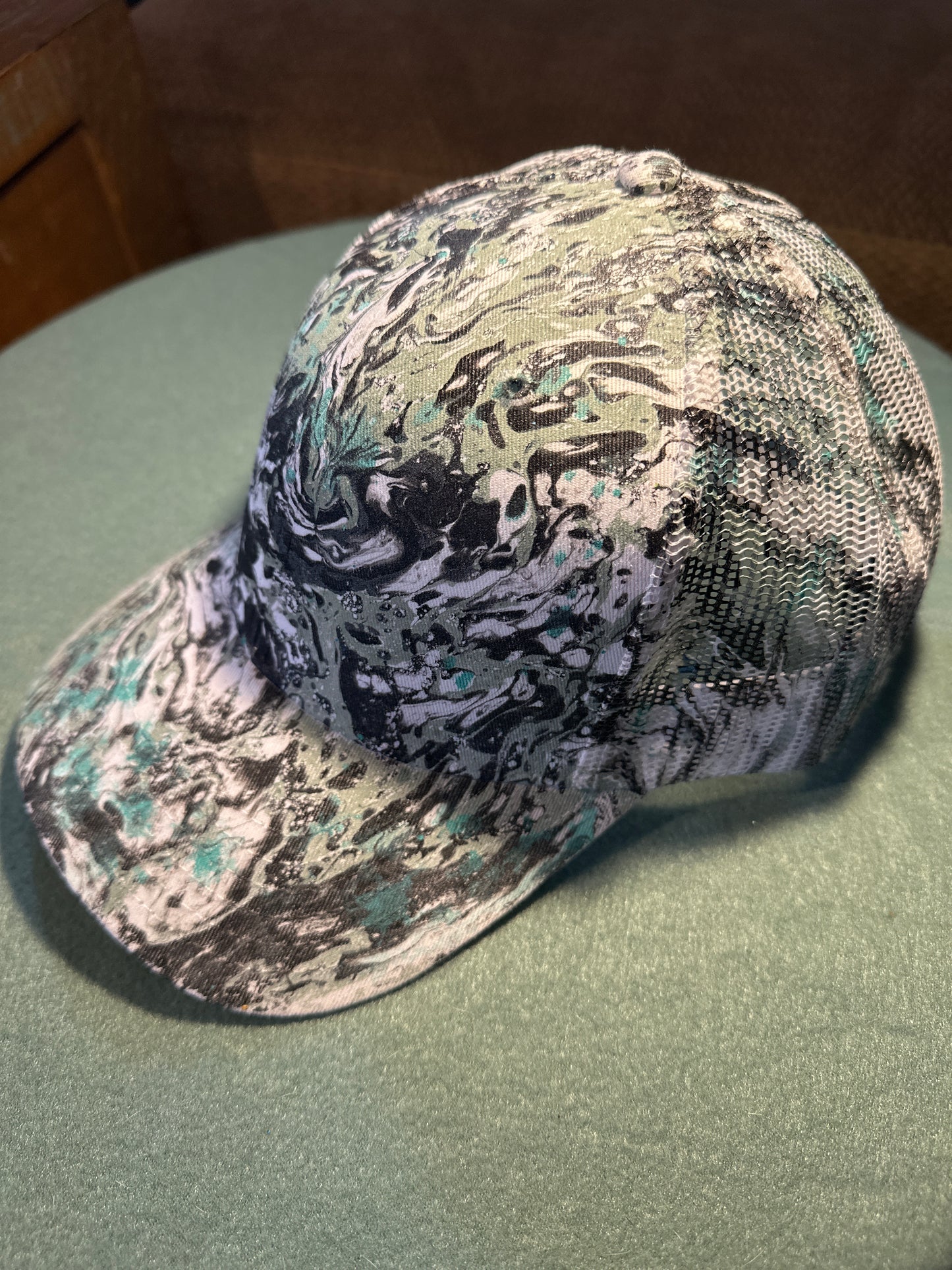 Water Marbled Truckers Hat! Light Green, Aqua, Black & Gray