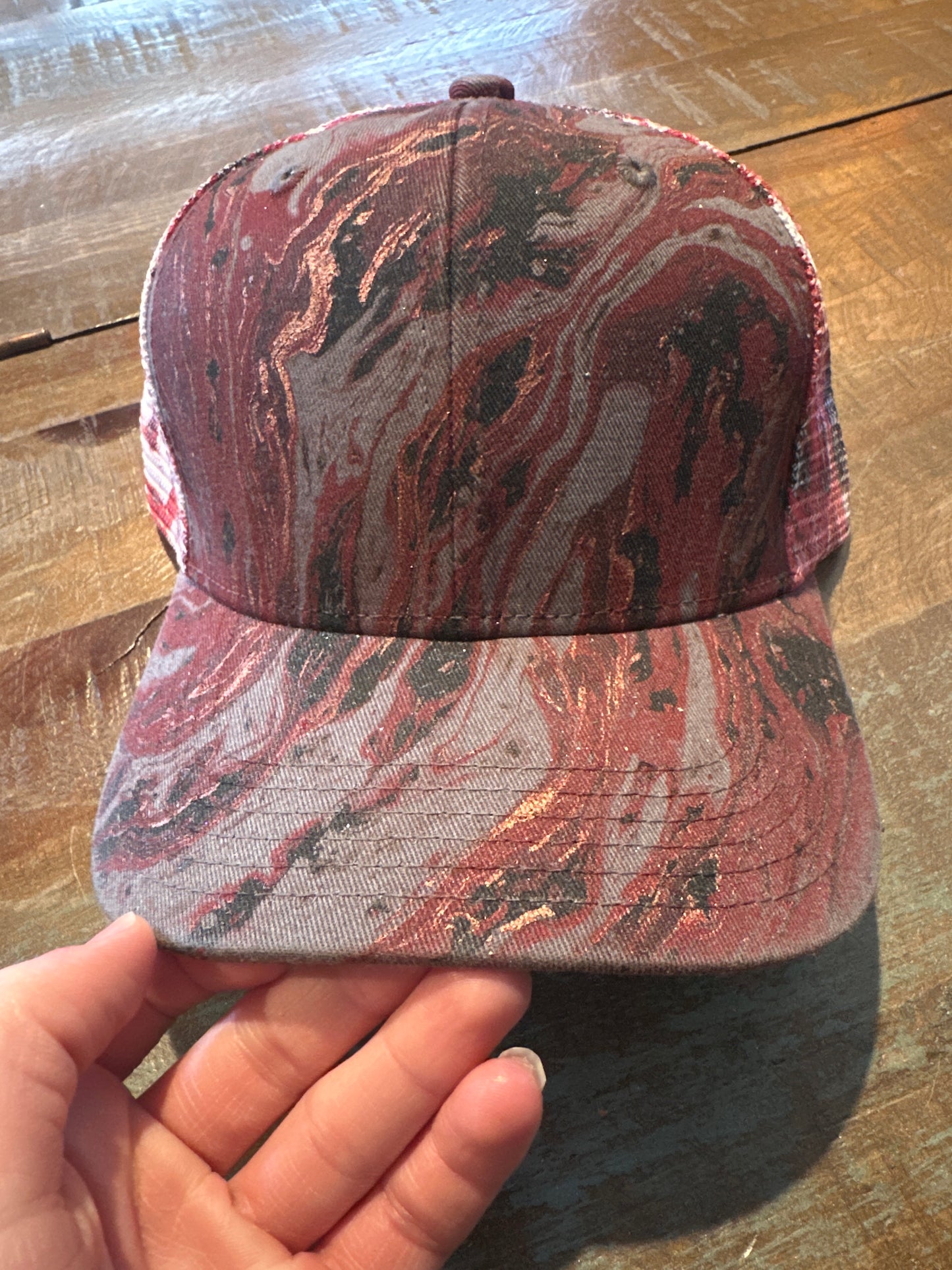 Water Marbled Truckers Hat! Red, Black & Gray