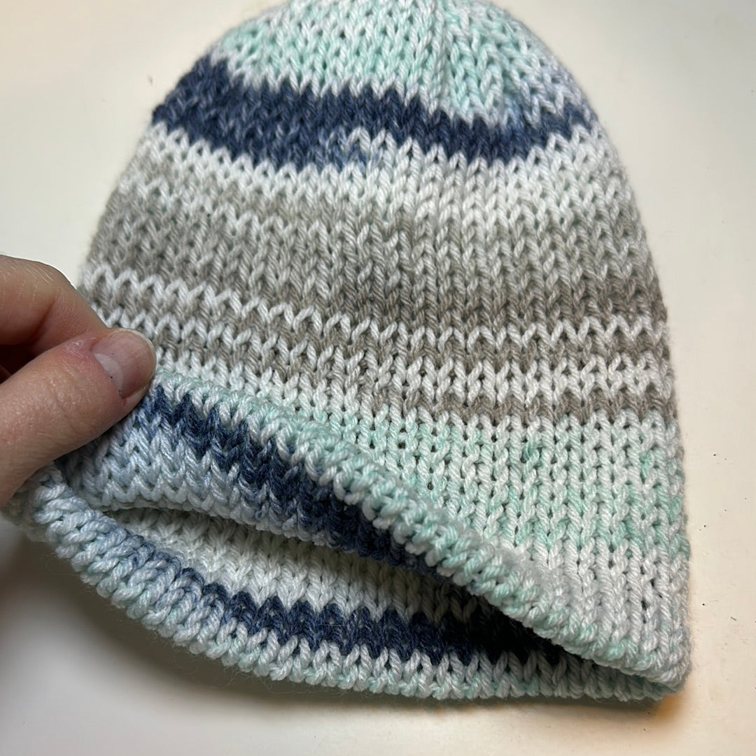TODDLER - Handmade Beanie! Blues & Gray Stripes!