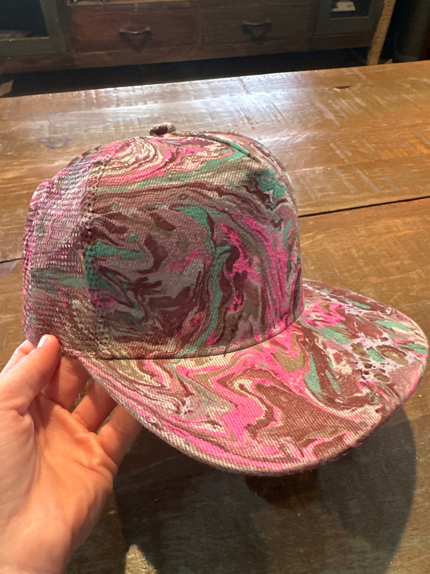 Water Marbled Flat Brim Hat! Pinks, Aqua & Gray!