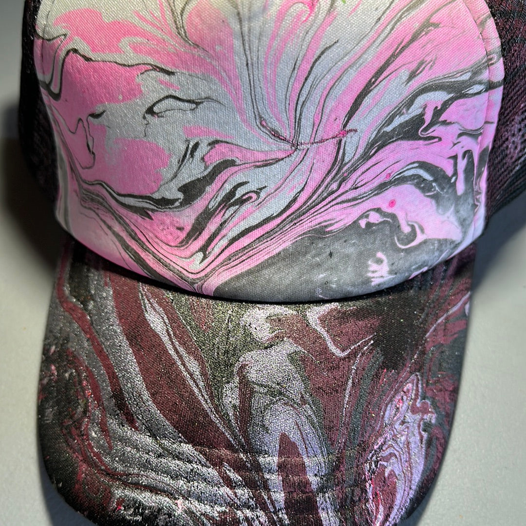 Water Marbled Truckers Hat! Hot Pink, White & Black