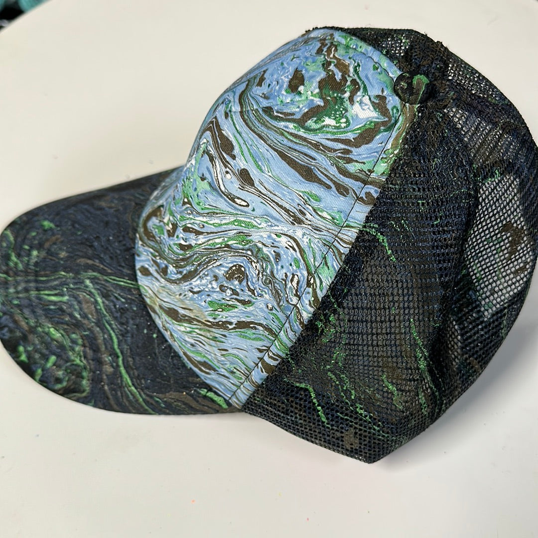 Water Marbled Truckers Hat! Blue, Brown & Green