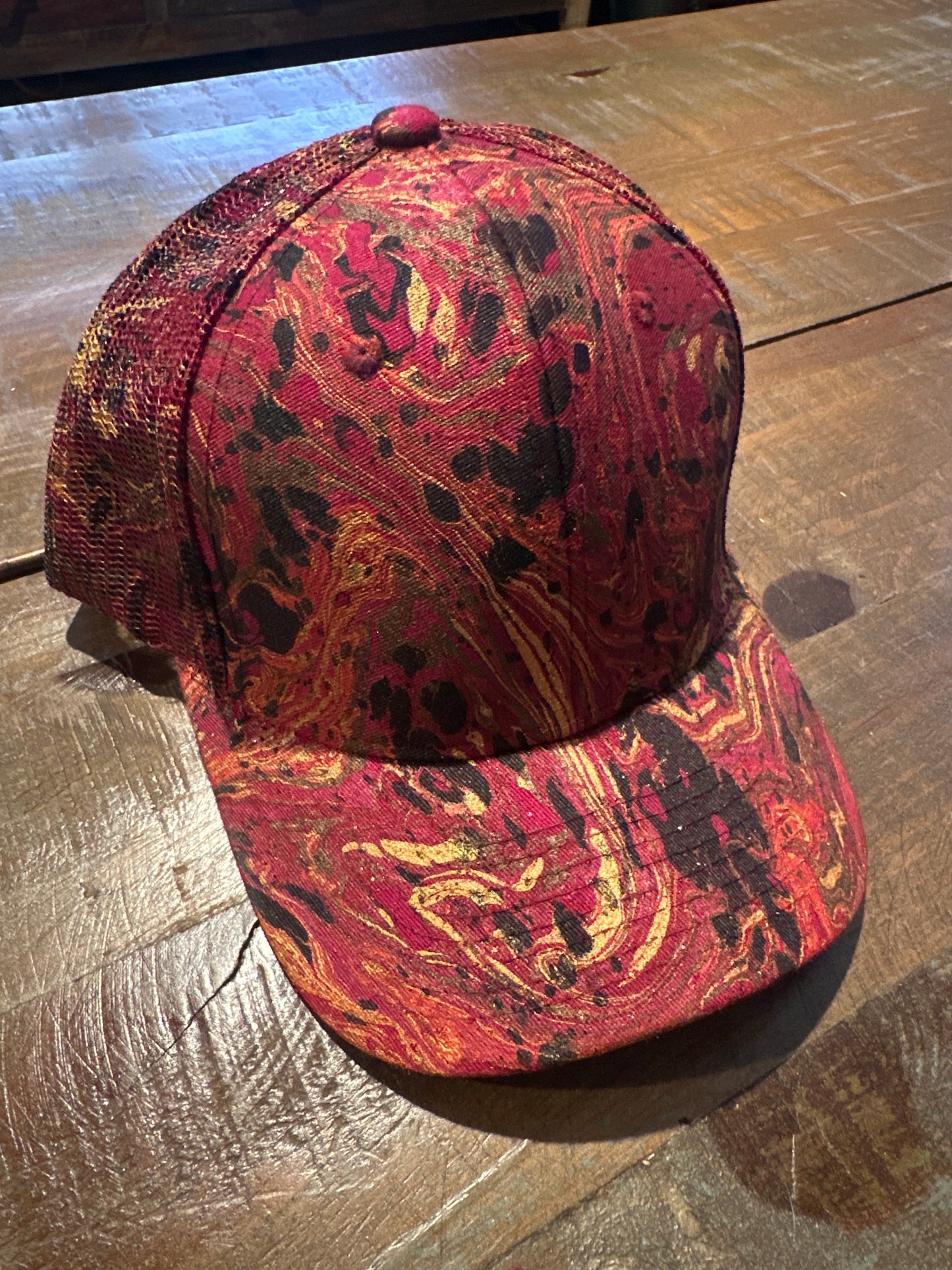 Water Marbled Baseball Hat! Red, Gold, Black & Brown!