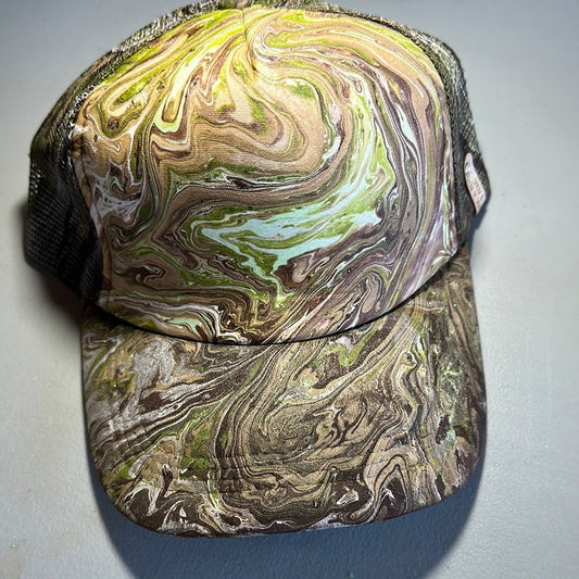 Water Marbled Truckers Hat! Browns, Greens & Black!