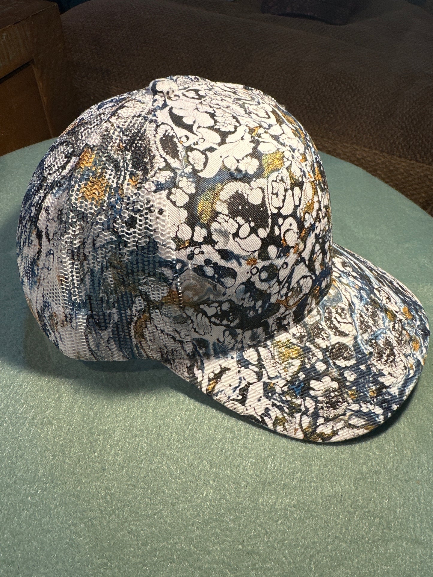 Water Marbled Truckers Hat! Navy, Gold & Black!